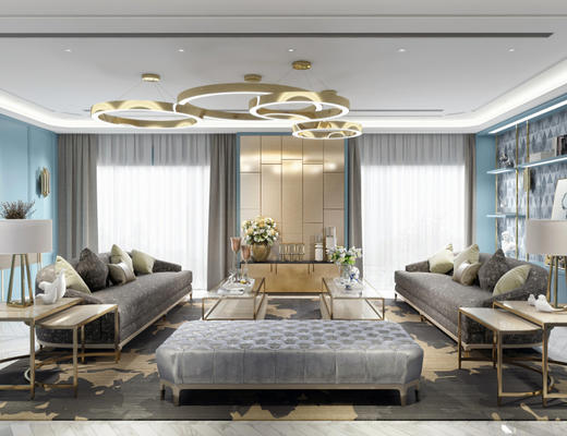 美式, 客厅, 沙发茶几组合, 吊灯, 植物, 现代