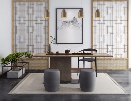新中式, 茶室, 桌椅组合, 茶具, 吊灯