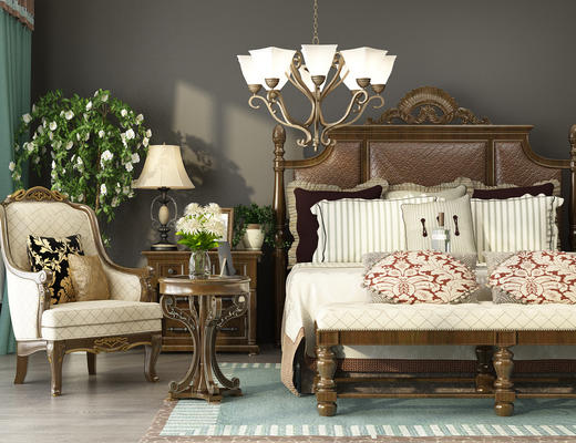 美式双人床, 床具组合, 沙发, 茶几, 床头柜, 壁灯